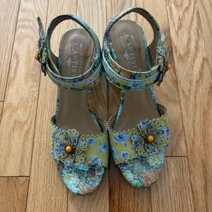 L'ATISTE Multicolor Floral Leather Block Heel Sandals Summer Spring 36 Whimsical